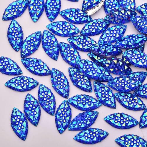 7 x 15 mm, 100 Stück, silberfarbene Flatback-Harz-Strasssteine, Großpackung, Pferdeauge-Kristallsteine, keine Hotfix-Strass-Applikationen, Blau AB von SHHEG