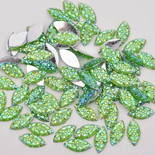 7 x 15 mm, 100 Stück, silberfarbene Flatback-Harz-Strasssteine, Großpackung, Pferdeauge-Kristallsteine, keine Hotfix-Strass-Applikationen, Grün AB von SHHEG