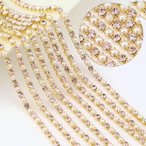 Yards Perlen-Strasssteine, Kupferkette, Silber-/Goldbasis, Kristall-Strass-Edelsteinbesatz zum Selbernähen von Kleidung, Kleidern, Accessoires – Gold – Hellrosa – 2 mm – 2 Yards Yards Perlen-Strasssteine, Kupferkette, Silber-/Goldbasis, Kristall-Strass-Edelsteinbesatz zum Selbernähen von Kleidung, Kleidern, Accessoires – Gold – Hellrosa – 2 mm – 2 Yards von SHHEG