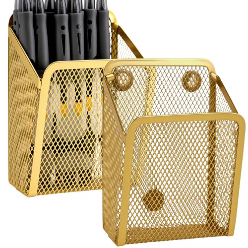 SHIDOW Magnetischer Stifthalter, Stiftekorb aus Netzstoff, magnetischer Schreibutensilien-Organizer für Büro, Küche, Whiteboard, Schließfach (Gold, 2 Stück) von SHIDOW