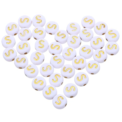 SHINEOFI 100 Stück Flache Runde Acryl Buchstaben Spacer Perlen für DIY Schmuckherstellung Schlüsselanhänger Armbänder und Weiß mit Goldschrift von SHINEOFI