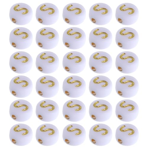 SHINEOFI 100 Stück Flache Runde Buchstabencharms Acryl Gold DIY Alphabetperlen für Schlüsselanhänger und Schmuckherstellung Weiß mit Goldener von SHINEOFI