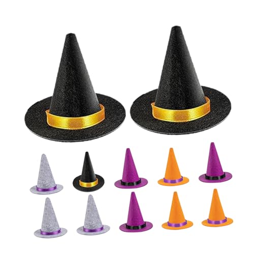 SHINEOFI 12 Stück Teiliges Mini Filz Hexenhüte Handgefertigte Winzige Hüte für DIY Bastelprojekte Puppenhaus Dekoration Halloween Party Accessoires in Schwarz Lila und Orange von SHINEOFI