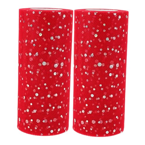 SHINEOFI 2 Rollen -Pailletten-Netzrolle Band für DIY Stoff Tüll Spule Band zum Basteln wendbarer Paillettenstoff Netzstoff Glitzergitter Glitzerband glitzernder Stoff Polyester rot von SHINEOFI