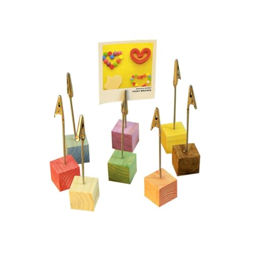 SHINEOFI 24 Stück Teiliges Memo clip Holz und Metall Stabiler Fotohalter mit Quadratischem Sockel Bunte Kartenhalter für Büro Zuhause Partydekoration Praktische Tischkartenclips von SHINEOFI