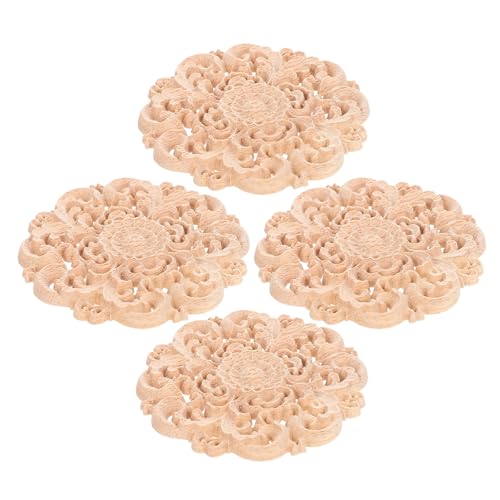 SHINEOFI 4 Stück Teiliges Runde Holzapplikationen Unbemalt Geschnitzte Holz-onlays mit Blumenmuster für Möbel Türen Wände Kommoden DIY Holzdekoration von SHINEOFI