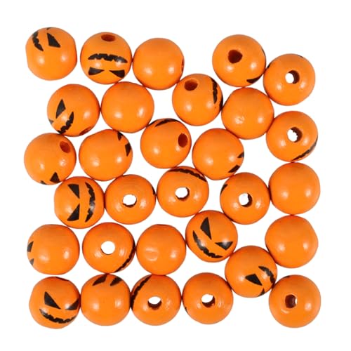 SHINEOFI 50 Stück Halloween Holzperlen mit Geschnitztem Gesichtsdesign Runde Lose Holz Abstandshalter für DIY Bastelprojekte Dekorative Perlen für Armbänder und Festdeko Naturbelassen von SHINEOFI