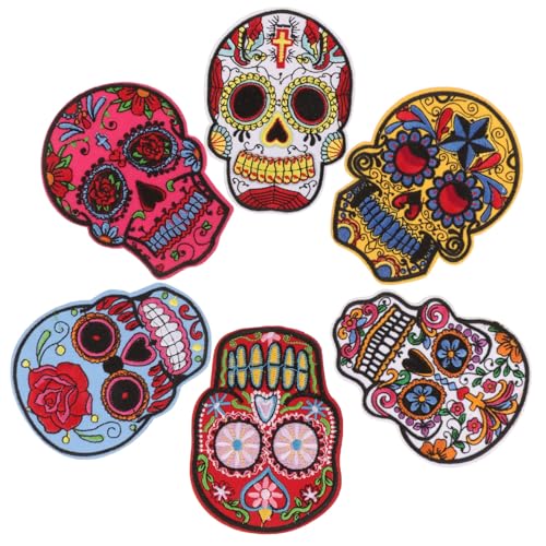 SHINEOFI 6Stücke Halloween Schädel Aufnäher Bestickte Patches für Kleidung Geeignet für Jeans Taschen und DIY Projekte Langlebig und Einfach Anzubringen von SHINEOFI