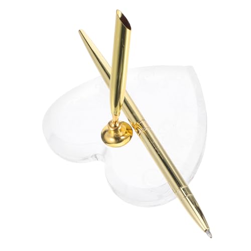 SHINEOFI Goldener Kugelschreiber mit Herzständer Eleganter Hochzeitsschreibstift für Gästebuch Empfang Verlobung und Jubiläum Stabiler Acrylhalter für Stilvolle Unterschriften bei von SHINEOFI