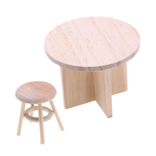 SHINEOFI Miniatur Puppenhausmöbel Set Massivem Holz Runder Tisch und Hocker Handgefertigt Kompakt und Robust Dekoration für Puppenhaus und Gartendiorama von SHINEOFI