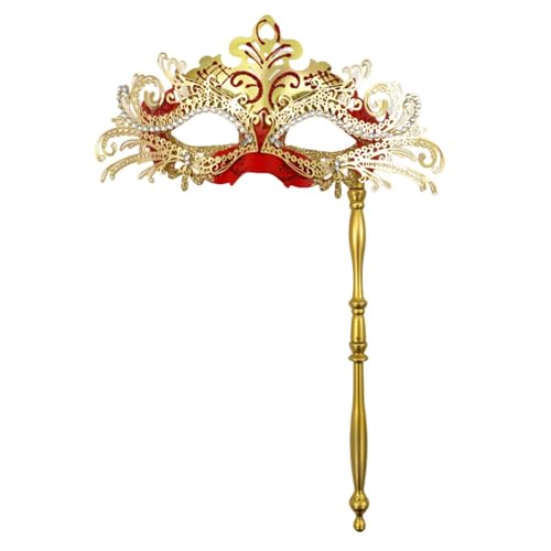 SHINROAD Elegante Party-Maske, Maskerade, ausgefallenes Metall mit Handstab, halbes Gesicht, venezianische Strasssteine, für Männer und Frauen, ideal für Abschlussball, Ball, Karneval, Rot / Gold SHINROAD Elegante Party-Maske, Maskerade, ausgefallenes Metall mit Handstab, halbes Gesicht, venezianische Strasssteine, für Männer und Frauen, ideal für Abschlussball, Ball, Karneval, Rot / Gold von SHINROAD