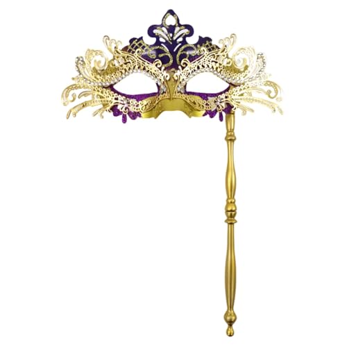SHINROAD Elegante Party-Maske, Maskerade, ausgefallenes Metall mit Handstab, halbes Gesicht, venezianische Strasssteine, für Männer und Frauen, ideal für Abschlussball, Ball, Karneval, Violett / Gold SHINROAD Elegante Party-Maske, Maskerade, ausgefallenes Metall mit Handstab, halbes Gesicht, venezianische Strasssteine, für Männer und Frauen, ideal für Abschlussball, Ball, Karneval, Violett / Gold von SHINROAD