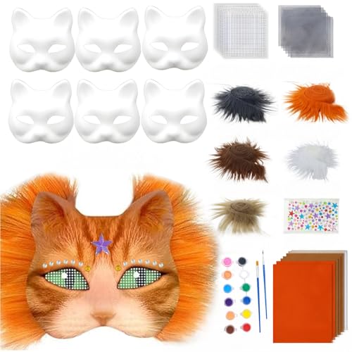 SHINROAD Maskerade Party Supplies DIY Katze Masken-Kit 6pcs Blank Masken für Handmalerei Fell Auge Mesh Filzbögen Kreatives Tierzubehör Karneval Orange von SHINROAD