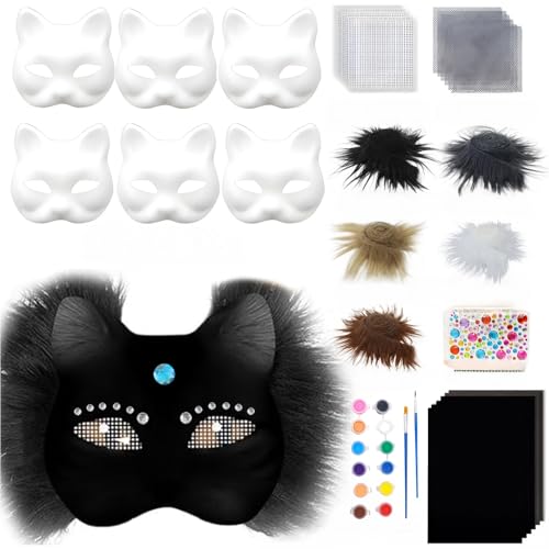 SHINROAD Maskerade Party Supplies DIY Katze Masken-Kit 6pcs Blank Masken für Handmalerei Fell Auge Mesh Filzbögen Kreatives Tierzubehör Karneval Schwarz von SHINROAD