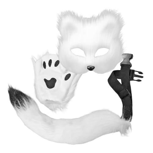 SHINROAD Realistisches Fuchskissen, weiches Fellgesichtskissen, Kunstfuchs, Halbgesichtskissen mit Schwanz, Handschuhen, Maskerade, Halloween, Cosplay, Party, Kostüm, Zubehör für Mädchen, Weiß von SHINROAD