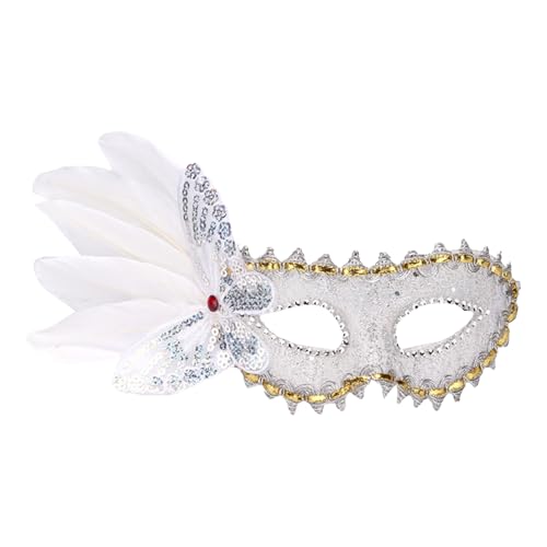 SHINROAD Verstellbarer Riemen Maske Feder Maskerade für Frauen venezianisch mit Pailletten Schmetterlinge Elegantes Kostüm Stück Halloween Karneval Abschlussball Partys Weiß von SHINROAD