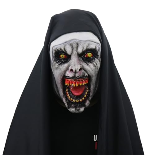 SHINROAD Wiederverwendbare Halloween-Kopfbedeckung, Latex-Kapuze, Nonnen-Set, gruselig, mit schwarz-weißem Schal, bequeme Passform für Cosplay-Party oder Heimdekoration, Kostüm, Schwarz / Weiß von SHINROAD