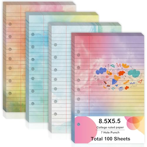 Aquarell-Schreibpapier, liniert, 14 x 21,6 cm, 7 Löcher, liniert, lose Blätter, farbiges Notizpapier, College, liniert, doppelseitiger Druck, für 3- oder 7-Ringbinder, 100 Blatt Aquarell-Schreibpapier, liniert, 14 x 21,6 cm, 7 Löcher, liniert, lose Blätter, farbiges Notizpapier, College, liniert, doppelseitiger Druck, für 3- oder 7-Ringbinder, 100 Blatt von SHIQIKEJIPTY