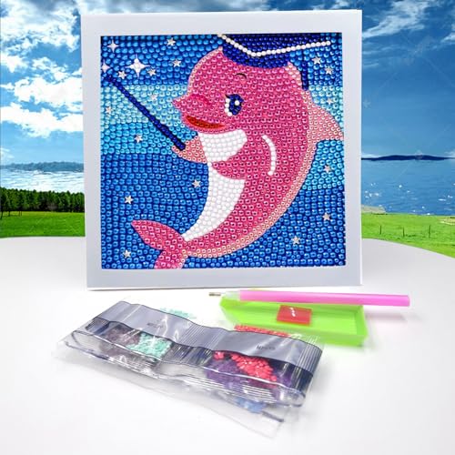 SHIQUAN 5D Diamant Painting Delfinbilder, Diamond Painting Kinder Mit Holzrahmen, 5D DIY Diamond Painting Set, Geeignet für die Wanddekoration zu Hause(18x18cm) von SHIQUAN