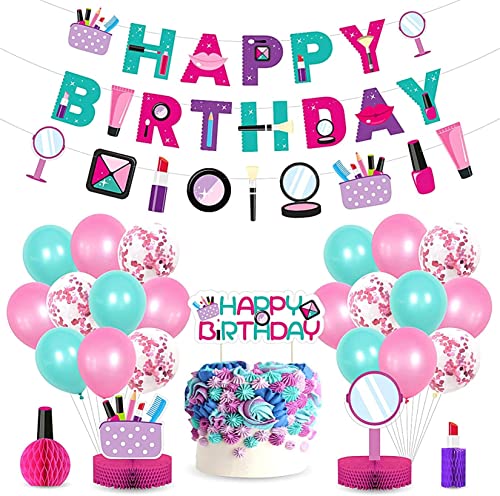 27 Stücke Girl Prinzessin Make -up Spa Themenpartyzubehör Set, einschließlich Happy Banner Banner Cake Topper Pick und Latexballons und Geburtstagsbedarf von SHITOOMFE
