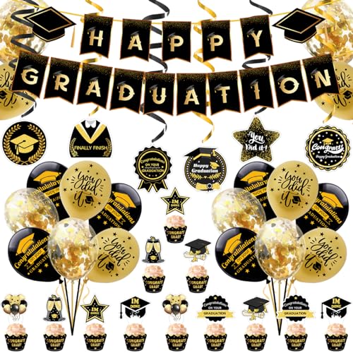 Abschlussdekorationen Klasse von 2024 1 Set Schwarz Gold Klasse von 2024 Dekorationen mit Bannerwirbeln Luftballons Topper Karten Abschlussdekoration für College -Abschlussdekorationen Klasse von 202 von SHITOOMFE