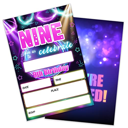 Einladungskarten zum 9. Geburtstag, leuchtende Neon-Party-Einladungskarten, doppelseitiges Design (20 Karten mit 20 Umschlägen) von SHLINCO