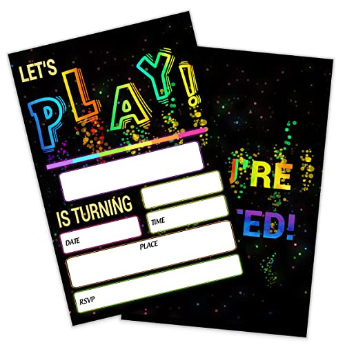 SHLINCO Glow Let's Play Geburtstagsparty-Einladungen für Jungen und Mädchen, Neon-Partyeinladungen für Kinder, doppelseitiges Design (20 Karten + Umschläge) von SHLINCO