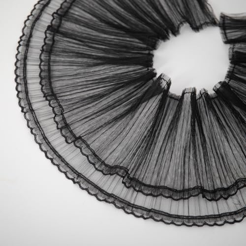4,57 m doppellagiger gerüschter Spitzenbesatz, 16 cm, plissierter Tüllstoff für Hochzeitsapplikationen, Kleidung, Nähen, DIY Handwerk und Heimdekoration (schwarz) von SHOPDP