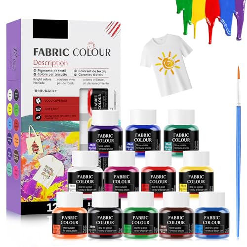 SHOPPGO Stoffmalfarben Waschfest, Fabric Paint, Textilfarbe Waschmaschinenfest, Textil Farbe für Klamotten, Geeignet zum Bemalen von Kleidung, Schuhen, Segeltuchtaschen usw, 12 * 25 ml+1 Bürste von SHOPPGO