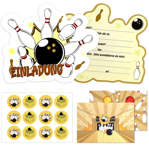 12 Set Bowling Einladungskarten Kindergeburtstag,mit 12 Bowling Partyeinladungen 12 Umschläge 12pcs Aufkleber,Deutsch Geburtstagseinladungen,Einladung Bowling für Jungen und Mädchen,Bowling Mitgebsel von SHOWHEEL