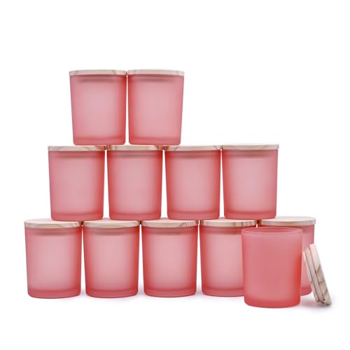 SHOWIN Dicke Kerzengläser zur Herstellung von Kerzen, 12 Stück, transparent, leere Gläser mit Holzdeckel, für Gewürzgläser, Probenbehälter – spülmaschinenfest, Frosted Pink von SHOWIN
