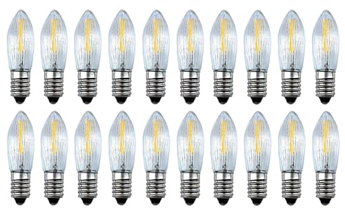 SHR 20 Stück LED Filament Topkerze 23V 0,2W E10 für Schwibbogen mit 10 Brennstellen, Riffelkerze Ersatzlampe für Lichterkette, Pyramide etc. von SHR