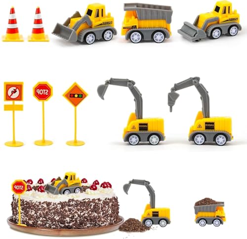 SHSHbuy Baustellenfahrzeuge Kinder,15 Stück Tortendeko Baustelle,Baustelle Cupcake Deko,Mini Bagger Kuchendeko Spielzeug mit Verkehrsschildern,Baufahrzeuge für Kinder Geburtstag Party Dekoration von SHSHbuy