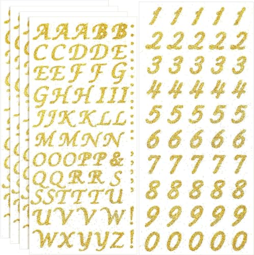 SHSHbuy Buchstaben Aufkleber,6 Blätter Buchstaben Glitzer Aufkleber,Selbstklebend Buchstaben Zahlen Aufkleber für DIY Scrapbook Grußkarte(Gold) von SHSHbuy