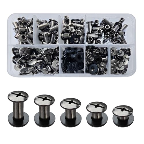 SHSMPXOY 100 Sätze Chicago Buchschrauben Edelstahl M5*4/6/8/10/12mm 5 Größen Chicago Schrauben Buchbinderschrauben Schraubnieten für Leder,Taschen,Bücher,Halsbänder, Hundeleinen (Schwarz glänzend) von SHSMPXOY