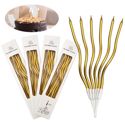 SHSMPXOY 24 Stück Geburtstagskerzen, Tortenkerzen für Kuchendekorationen,Herumkurven Bunte Geburtstagskerze Mit Haltern Für Geburtstagskerzen, Partys, Hochzeiten, Partydekorationen, Ostern (Gold) von SHSMPXOY