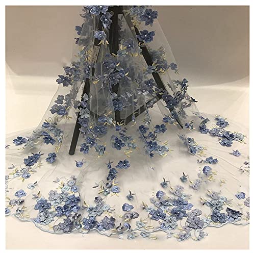 SHTGOI 1 Yard 3D Blumen Bestickte Tüll Spitze Stoff Stickereistoff mit Vier Kleeblättern Netzstoff für DIY Nähen Handgefertigte Kleidung Hochzeitskleid Heimdekoration 129,5 cm Breit Blau von SHTGOI