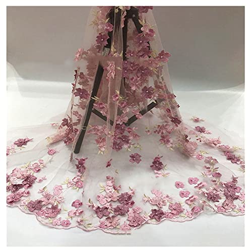 SHTGOI 1 Yard 3D Blumen Bestickte Tüll Spitze Stoff Stickereistoff mit Vier Kleeblättern Netzstoff für DIY Nähen Handgefertigte Kleidung Hochzeitskleid Heimdekoration 129,5 cm Breit Rosa von SHTGOI