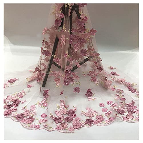 SHTGOI 1 Yard 3D Blumen Bestickte Tüll Spitze Stoff Stickereistoff mit Vier Kleeblättern Netzstoff für DIY Nähen Handgefertigte Kleidung Hochzeitskleid Heimdekoration 129,5 cm Breit Rosa von SHTGOI
