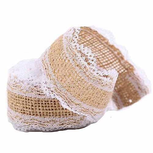 SHTGOI 2 Rolle Juteband mit Spitze 2.5cm Breit Spitzenband Vintage Jute Dekoband zum nähen Sackleinen Hessische Spitzenbordüre Natürliche Jute Bänder für DIY Handwerk Hochzeit Party Deko Weiß3# von SHTGOI
