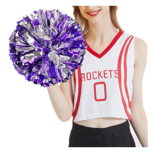 SHTGOI 2 Stück Cheerleading Pompons Metallfolie Cheerleading Pom Poms mit Ring Cheerleader Handblumen Cheers Blumenball für Sportveranstaltungen Ballspiele Tänze Karnevalspartys Lila+Silber von SHTGOI