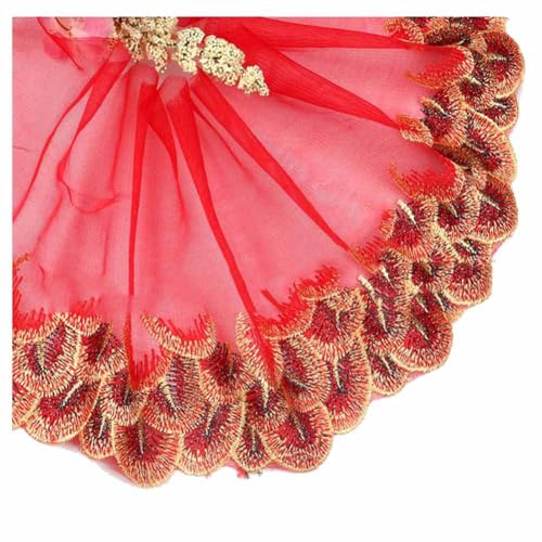 SHTGOI Bestickte Spitzenborte 10Yards Bunte Pfauenfedern Stickerei Tüll 18 cm Breite Spitzenband zum nähen Dekorative Spitzenbesatz Nähspitze für Hochzeitskleid Puppenkleidung Zubehör Rot mit Gold SHTGOI Bestickte Spitzenborte 10Yards Bunte Pfauenfedern Stickerei Tüll 18 cm Breite Spitzenband zum nähen Dekorative Spitzenbesatz Nähspitze für Hochzeitskleid Puppenkleidung Zubehör Rot mit Gold von SHTGOI