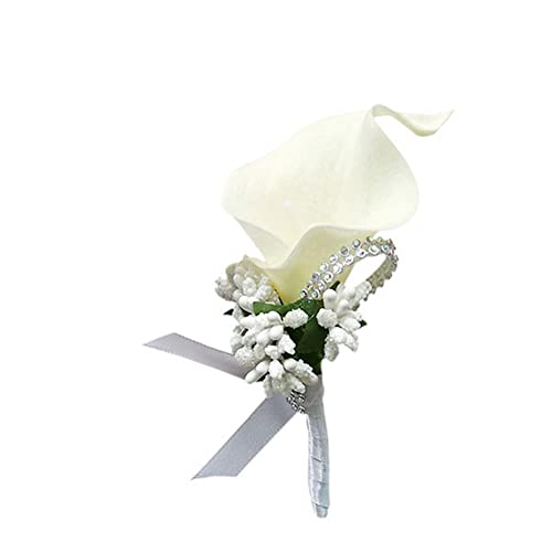 SHTGOI Calla Lily Boutonniere Künstlicher Blumenstrauß Strass Brosche Handgefertigte Ansteckblume mit Sicherheitsnadel Blume Corsagen Hochzeit Zubehör für Braut Bräutigam Milchig Weiß von SHTGOI