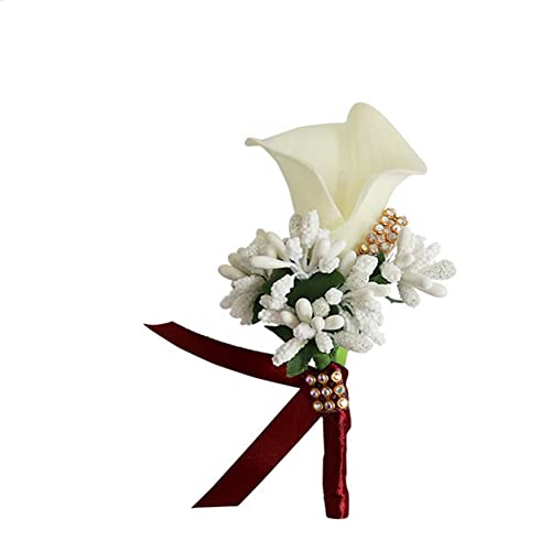 SHTGOI Calla Lily Boutonniere Künstlicher Blumenstrauß Strass Brosche Handgefertigte Ansteckblume mit Sicherheitsnadel Blume Corsagen Hochzeit Zubehör für Braut Bräutigam Milchweiß+Weinrot von SHTGOI