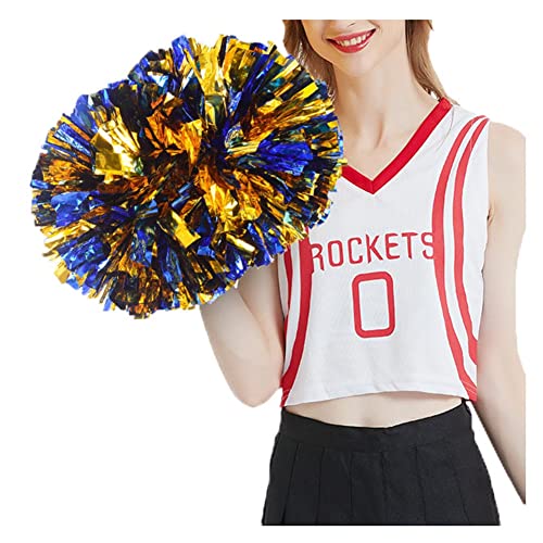 SHTGOI Cheerleading Pompons 2 Stück Metallic-Folie Cheerleading Pom Poms mit Handle Cheerleader Handblumen Cheers Blumenball für Sportveranstaltungen Ballspiele Tanzbedarf Blau+Gold von SHTGOI