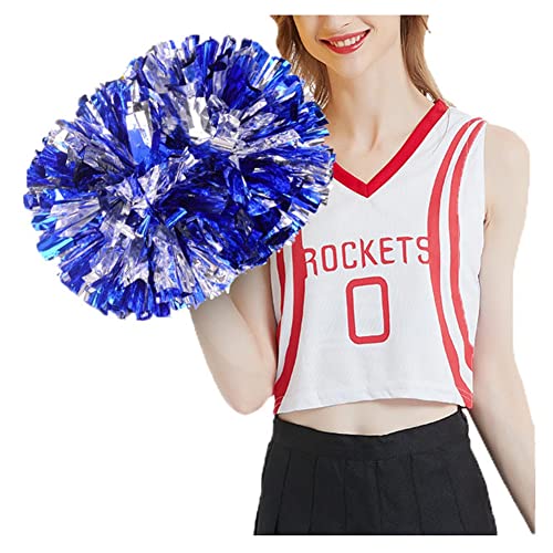 SHTGOI Cheerleading Pompons 2 Stück Metallic-Folie Cheerleading Pom Poms mit Handle Cheerleader Handblumen Cheers Blumenball für Sportveranstaltungen Ballspiele Tanzbedarf Blau+Silber von SHTGOI