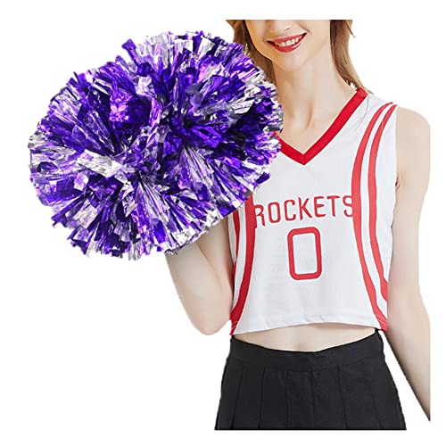 SHTGOI Cheerleading Pompons 2 Stück Metallic-Folie Cheerleading Pom Poms mit Handle Cheerleader Handblumen Cheers Blumenball für Sportveranstaltungen Ballspiele Tanzbedarf Lila+Silber von SHTGOI