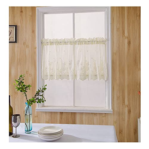 SHTGOI Kurze Vorhänge 130 x 41cm Vintage Kaffee Vorhang Spitze Stickerei Kurzgardine Halbtransparent Gardinen Voile Kurzstore Bistrogardine Scheibengardinen für Küchen Schlafzimmer Beige von SHTGOI