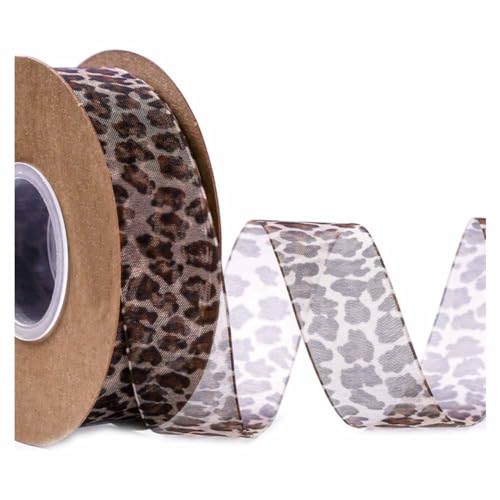 SHTGOI Leopardenmuster Organzaband 10 Yards/Rolle Tierdruck Chiffonband Schleifenband Leopard Print Organza Geschenkband Dekoband Weiches Transparentes Band für Basteln,Nähen,Geschenkpackung 25mm von SHTGOI