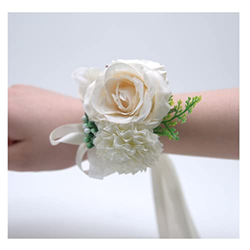 SHTGOI Rose Blumenarmband Braut Brautjungfer Hand Blume Schleifenband Handgelenkblume Handgefertigte Seidenblume Armband Zubehör für Hochzeit Bankette Brautjubiläum Abschlussball Beige von SHTGOI